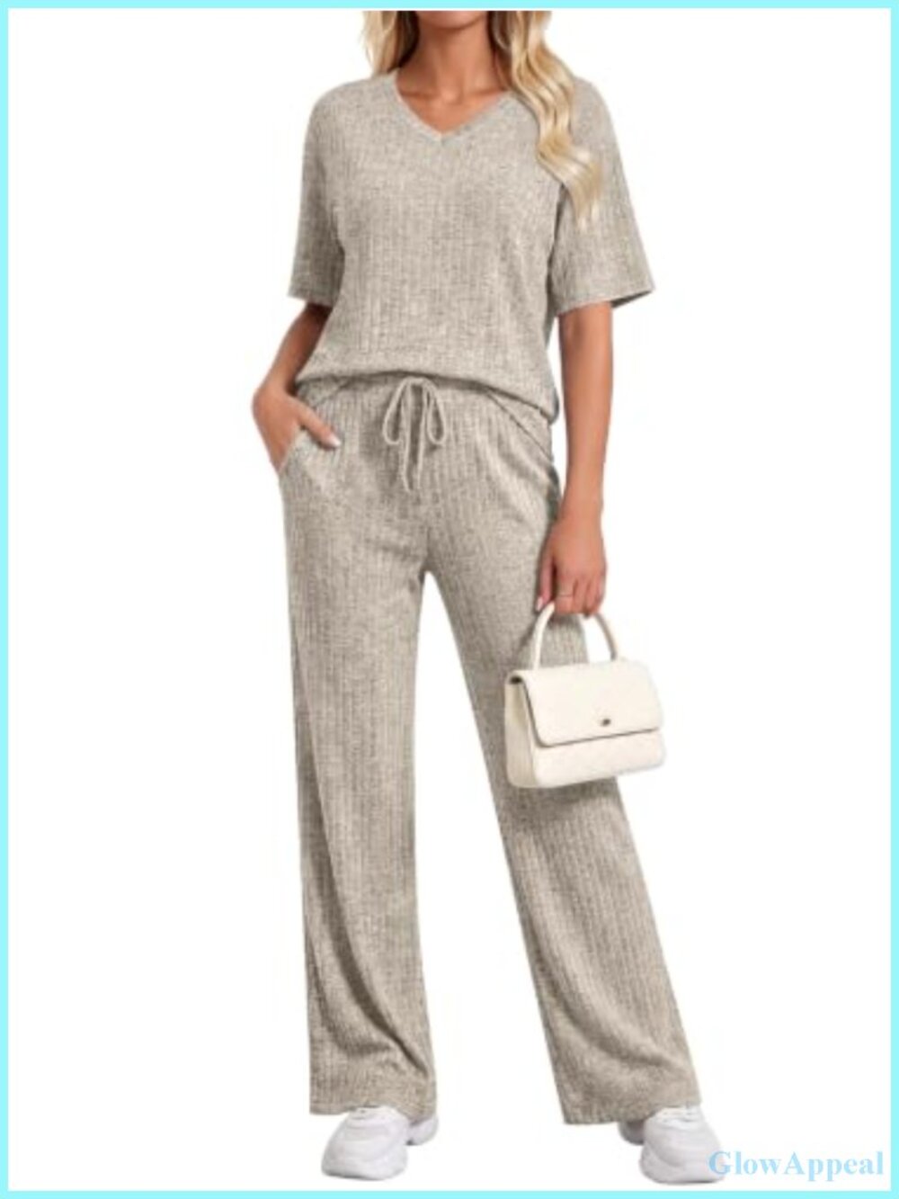 Women's 2-Piece Ribbed Knit Lounge Set V-Neck Pajama Set with Pockets